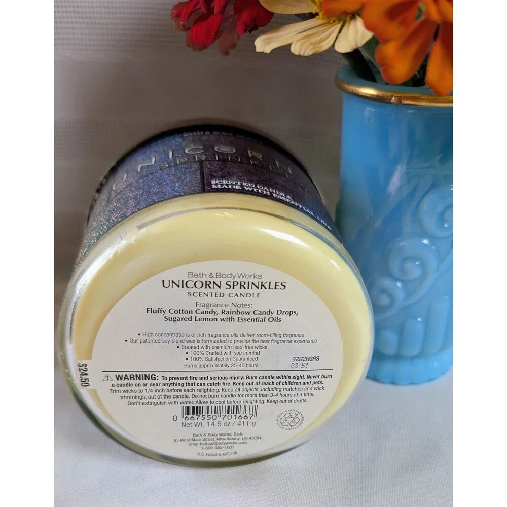 Bath & Body Works Unicorn Sprinkles 3-Wick Candle Holo Glitter Wrap Retired NEW - Picture 3 of 6